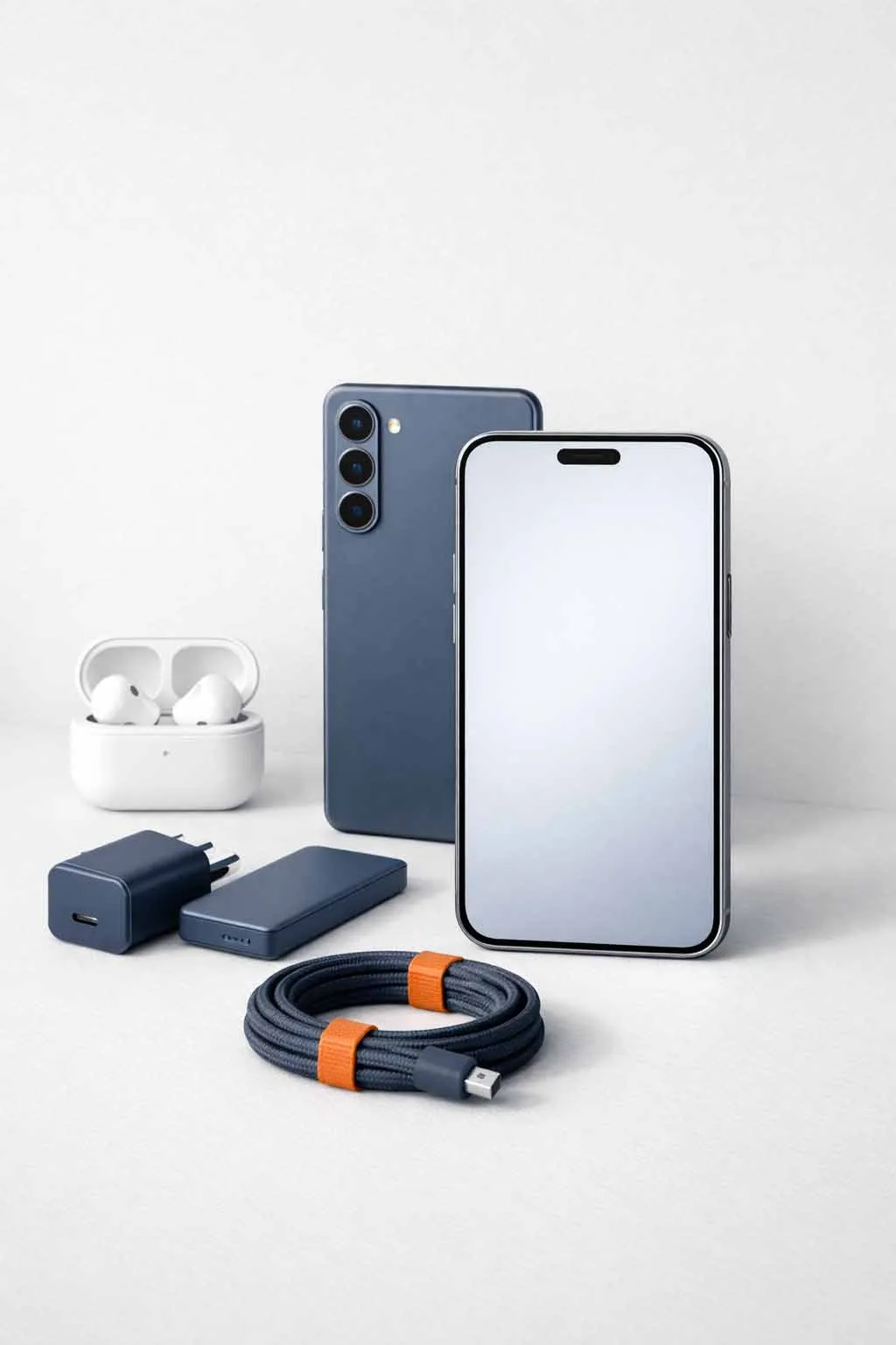 moderne elektronik produkte stillleben mit smartphone zubehör kabeln und ladgeräten im minimalistischen design