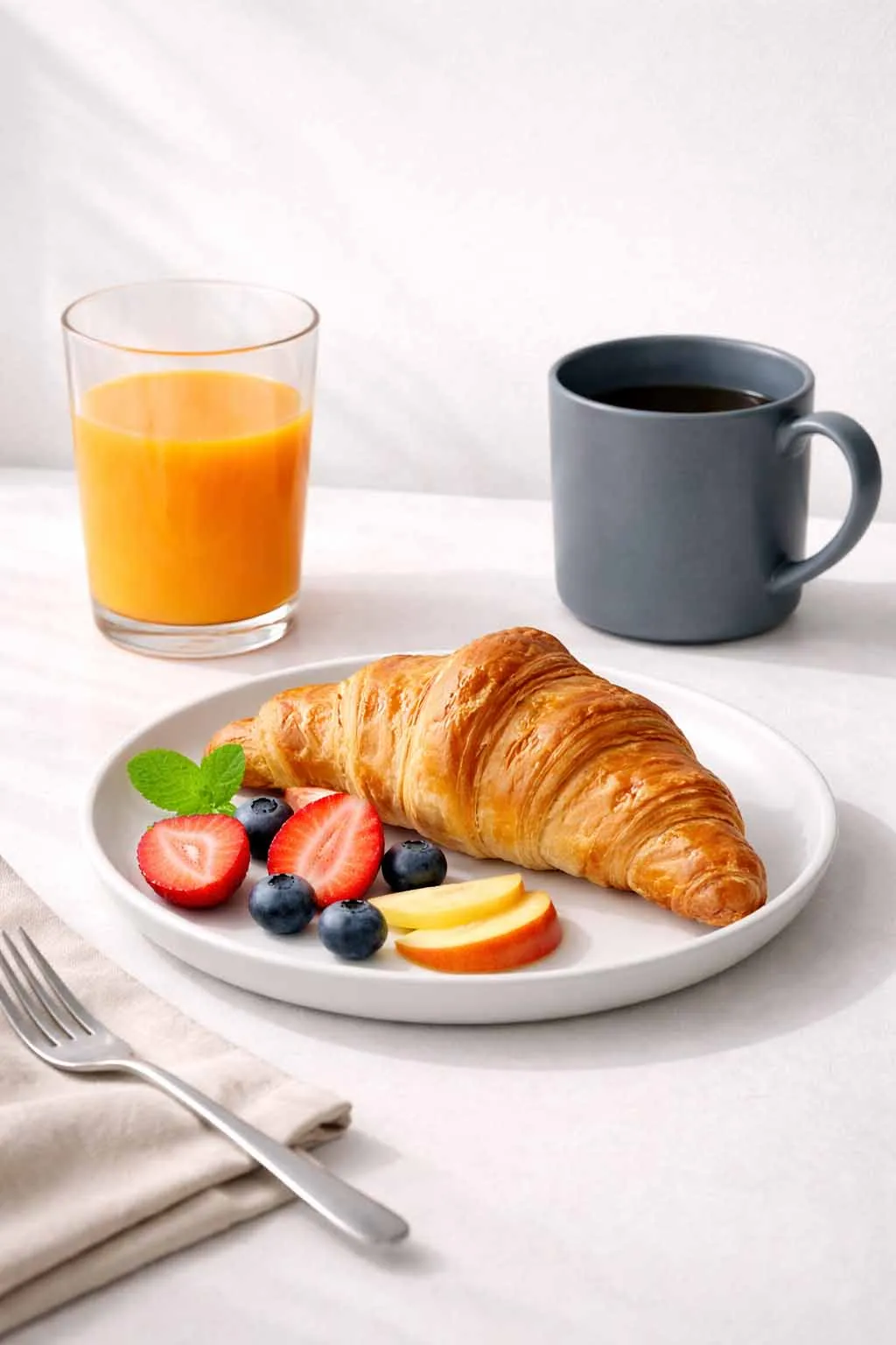 essen und getränke stillleben mit frischem croissant obt kaffee und saft in heller küchenatmosphäre