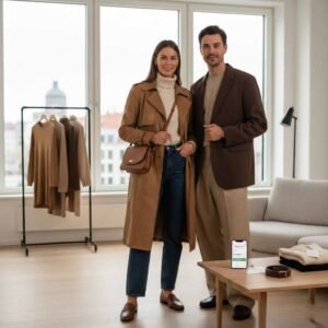 modetrends 2026: zwei personen in erdton-outfits shoppen smart, gutscheincode am smartphone, fashion rabatte nutzen, kleidung günstig kaufen mit zalando gutscheine im fokus