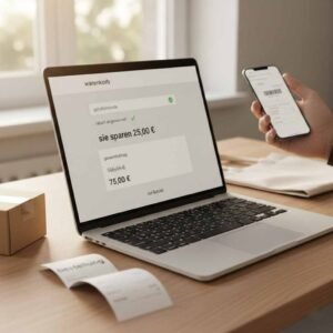 gutschein einlösen am laptop und smartphone, rabattcode anleitung im checkout, warenkorb rabatt aktiv, online sparen durch sichtbare euro-ersparnis
