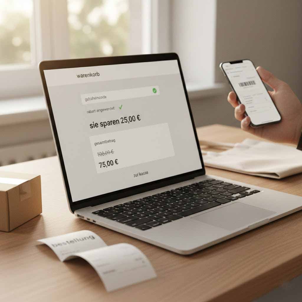 gutschein einlösen am laptop und smartphone, rabattcode anleitung im checkout, warenkorb rabatt aktiv, online sparen durch sichtbare euro-ersparnis