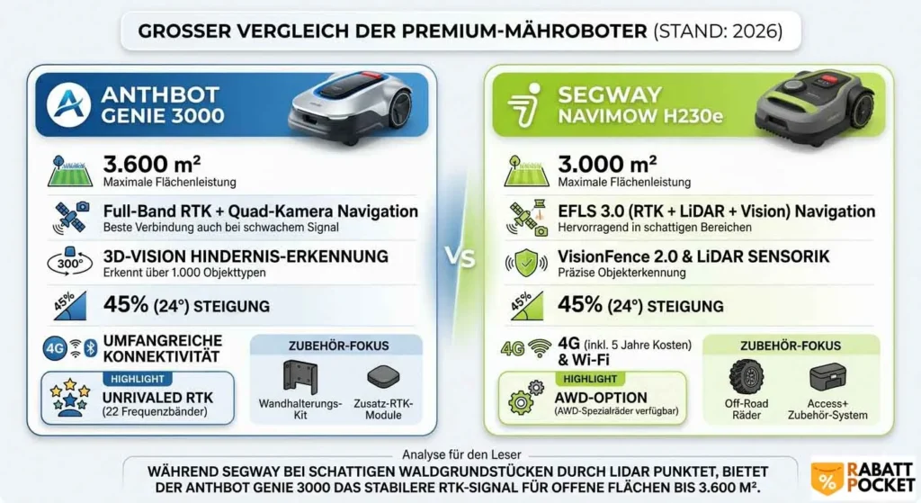 anthbot genie 3000 vs segway navimow h230e mähroboter vergleich infographic tabelle rtk lidar deutsch