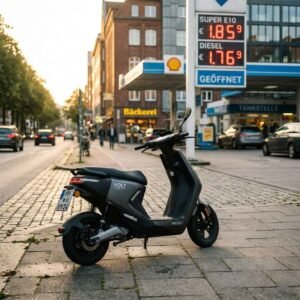 moderner e-scooter in einer deutschen stadt als günstige alternative zum auto bei hohen spritpreisen