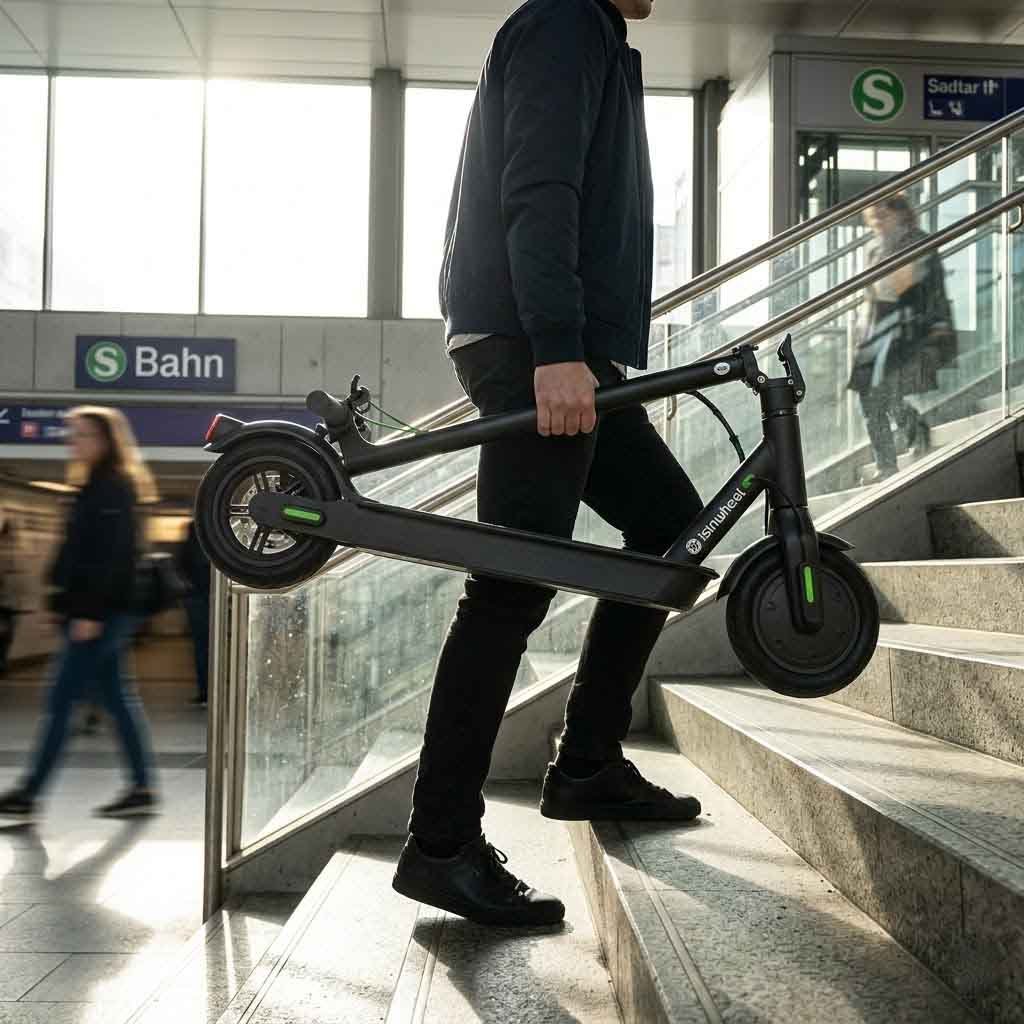 leichter und faltbarer isinwheel s9 pro e-scooter für pendler an einer s-bahn station