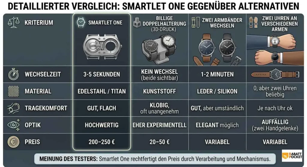 detaillierter vergleich smartlet one doppel-uhrenarmband gegen 3d-druck halterung zwei bänder wechseln und zwei uhren an verschiedenen armen nach wechselzeit material komfort optik preis.