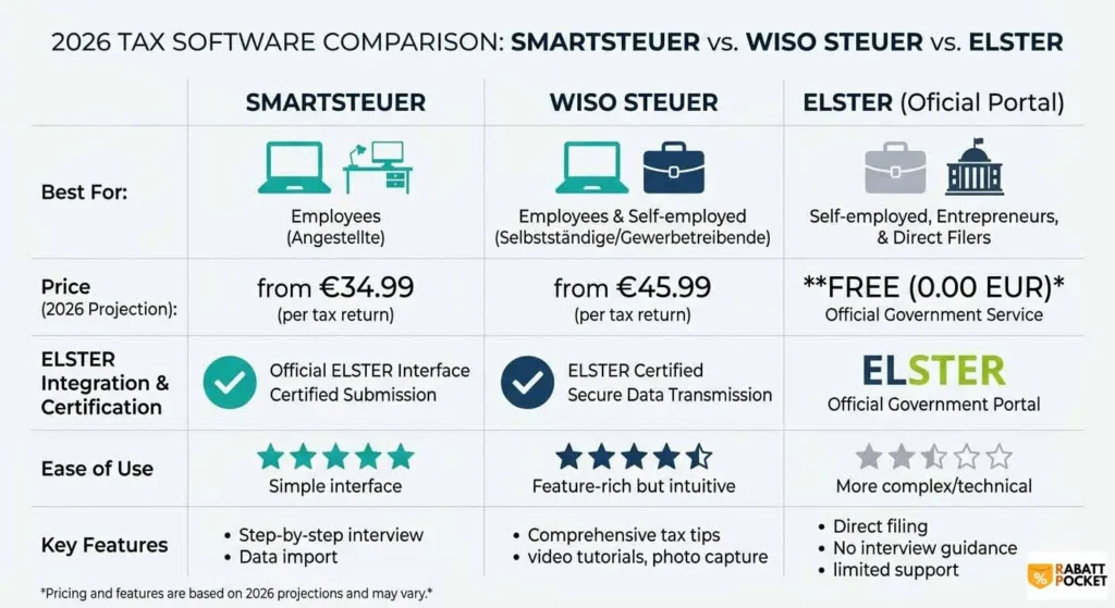 vergleichstabelle smartsteuer vs wiso steuer und elster für arbeitnehmer und selbstständige 2026