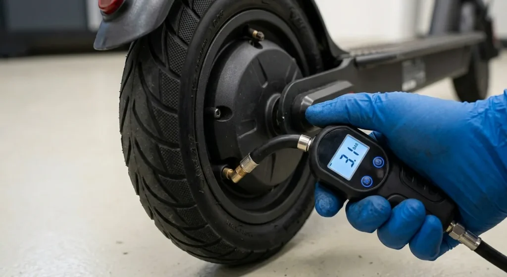nahaufnahme isinwheel e-scooter hinterrad luftventil reifendruck prüfen wartung