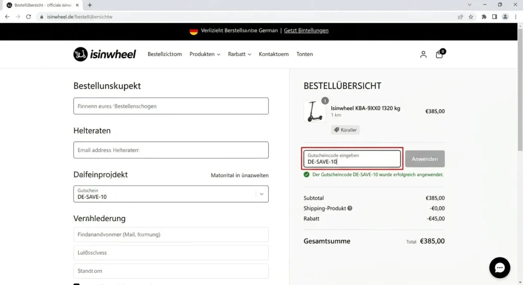 screenshot isinwheel.de warenkorb zeigt erfolgreich eingelösten rabattcode und gesamtpreis