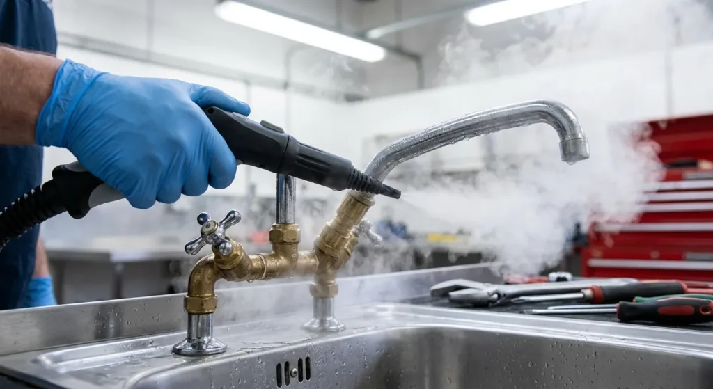 macro technical shot of a plumber hand in blue glove using a dampfreiniger tool to clean a brass kreuzgriff-batterie on a vintage bathtub in a clean workshop