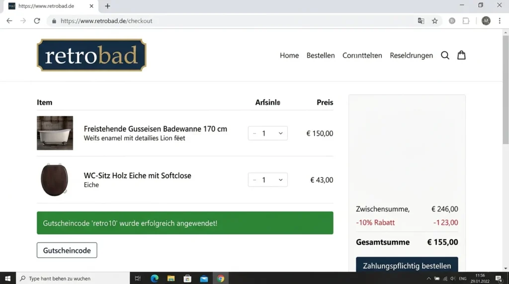 desktop screenshot of retrobad.de checkout interface showing a freistehende gusseisen wanne 170 cm and wc-sitz holz softclose in the shopping cart with a green success bar for gutscheincode retro10 and a 10 percent price reduction