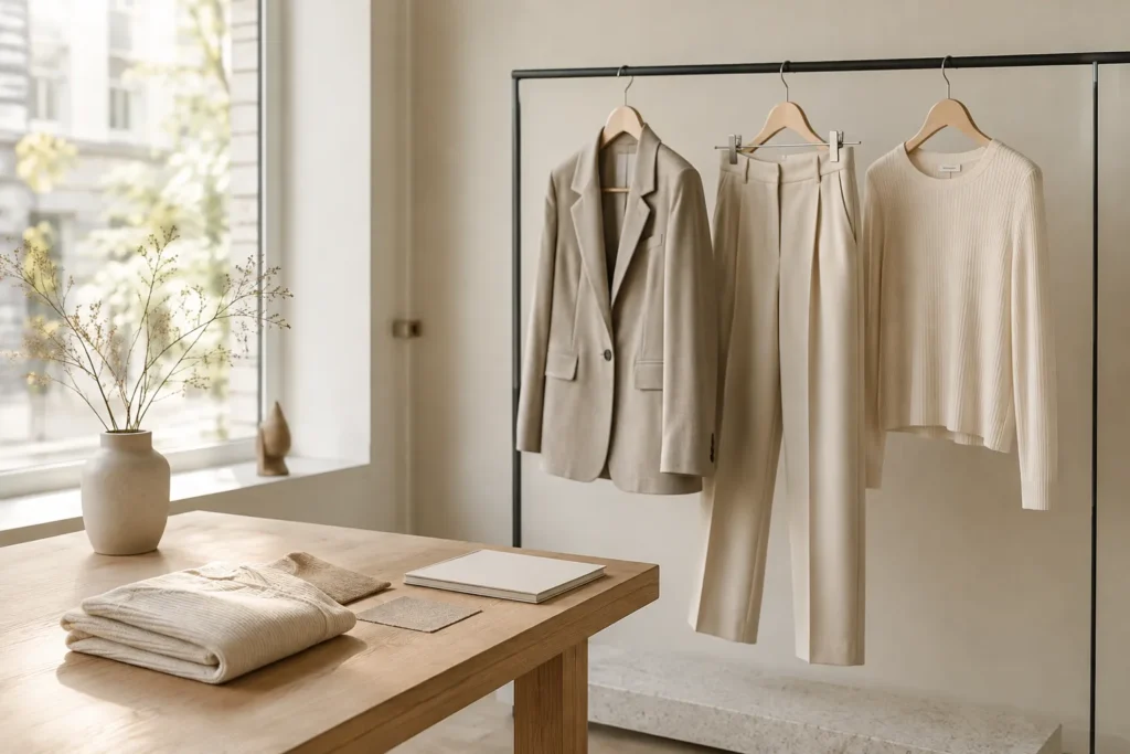 scandi-inspirierte damenmode in einer hochwertigen minimalistischen boutique