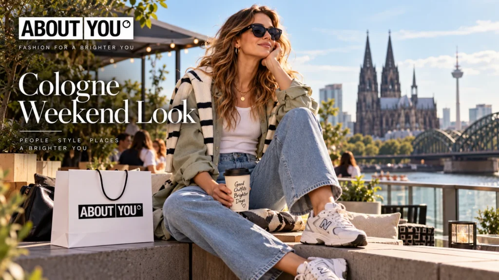 frau im lässigen about you outfit mit blick auf köln und den dom