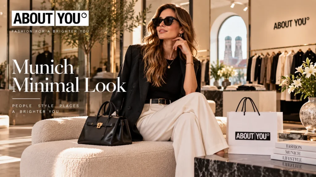 frau im eleganten about you outfit in einem münchner fashion showroom
