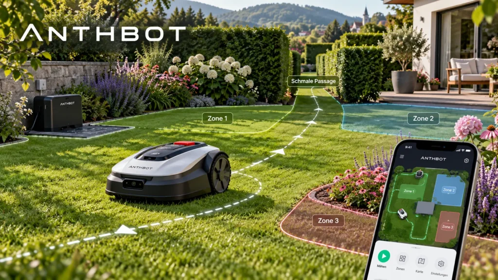 anthbot mähroboter mit schematischer app-steuerung und navigationskarte für mehrere rasenzonen im garten