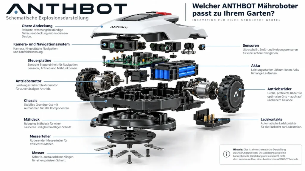 anthbot mähroboter in schematischer explosionsdarstellung mit akku, antriebsrädern, sensoren, steuerplatine und mähwerk