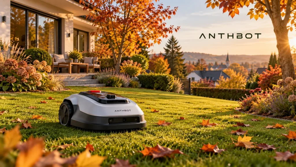 anthbot mähroboter auf einer grünen rasenfläche im herbst mit buntem laub und herbstlichen gartenpflanzen