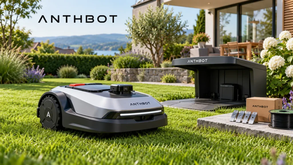 anthbot mähroboter mit ladestation und zubehör in einem gepflegten garten
