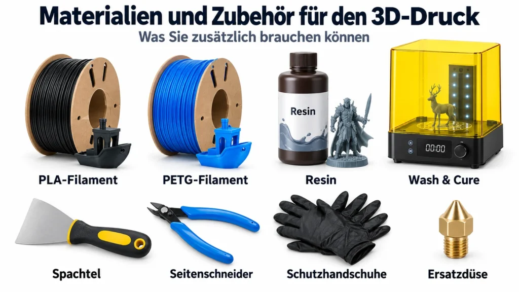 Materialien und Zubehör für den 3D-Druck / Was Sie zusätzlich brauchen können — PLA-Filament, PETG-Filament, Resin, Wash & Cure, Spachtel, Seitenschneider, Schutzhandschuhe, Ersatzdüse