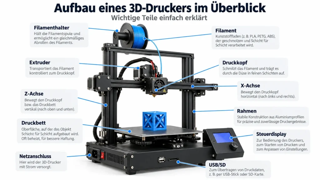 Aufbau eines 3D-Druckers im Überblick / Wichtige Teile einfach erklärt — Filamenthalter, Filament, Extruder, Druckkopf, X-Achse, Z-Achse, Rahmen, Druckbett, Steuerdisplay, Netzanschluss, USB/SD