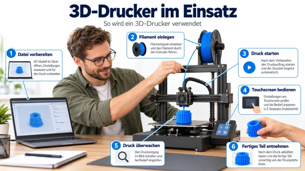 3D-Drucker im Einsatz / So wird ein 3D-Drucker verwendet — 1. Datei vorbereiten, 2. Filament einlegen, 3. Druck starten, 4. Touchscreen bedienen, 5. Druck überwachen, 6. Fertiges Teil entnehmen