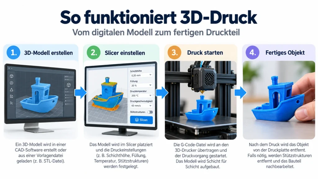 So funktioniert 3D-Druck / Vom digitalen Modell zum fertigen Druckteil — 1. 3D-Modell erstellen, 2. Slicer einstellen, 3. Druck starten, 4. Fertiges Objekt