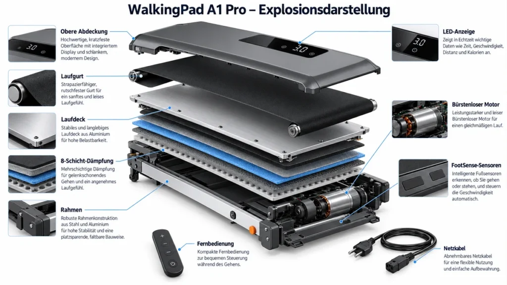 walkingpad a1 pro mit beschrifteter darstellung von laufgurt, laufdeck, motor und weiteren bauteilen