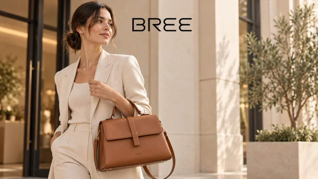 Frau mit brauner BREE-inspirierter Handtasche und beigem Blazer in einem eleganten Stadtambiente.