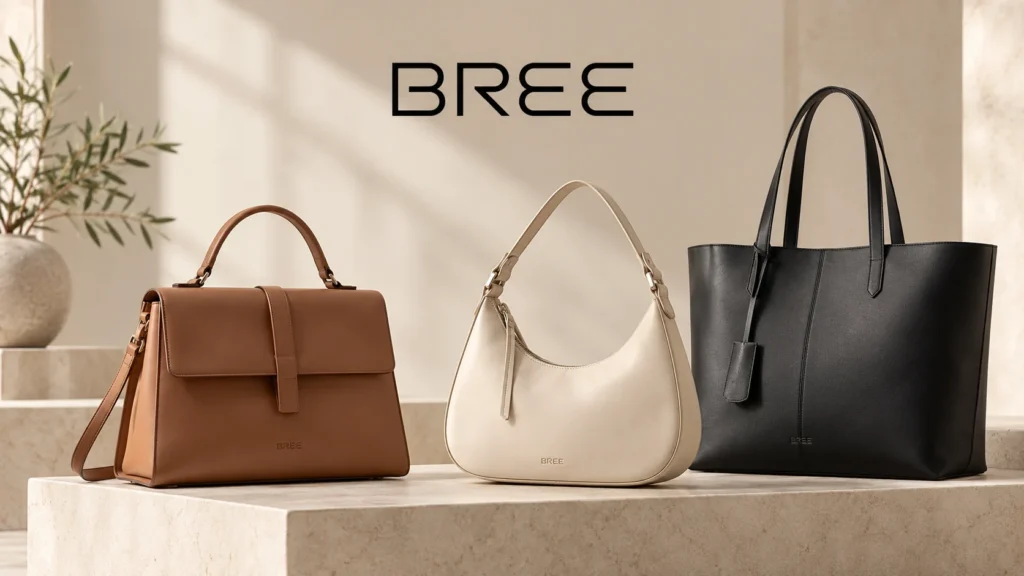 BREE Handtaschen im Vergleich: braune Ledertasche, cremefarbene Schultertasche und schwarzer Shopper.
