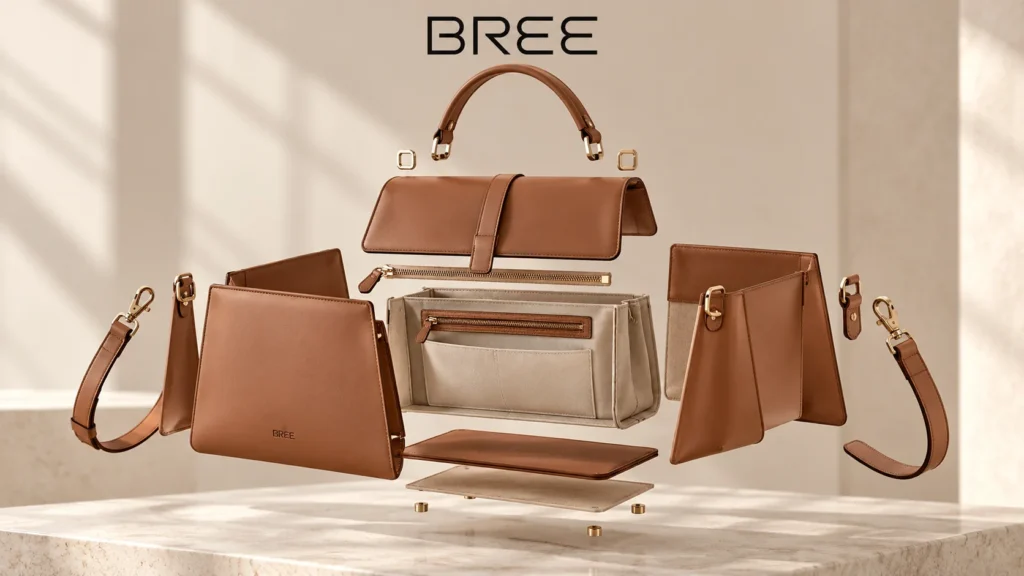 Illustrative Explosionsansicht einer BREE-inspirierten Ledertasche mit Innenfutter, Reißverschluss und Trageriemen.