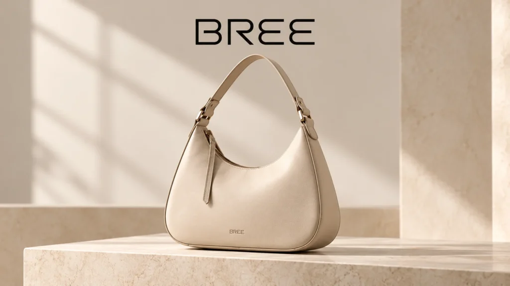 Beigefarbene BREE-Schultertasche mit gebogenem Henkel, goldfarbenen Details und Lederoptik.