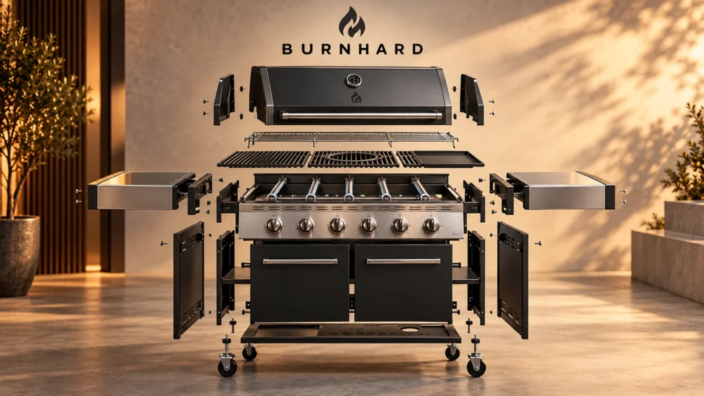 BURNHARD Gasgrill in Explosionsansicht mit Brennern Grillrost und Bauteilen