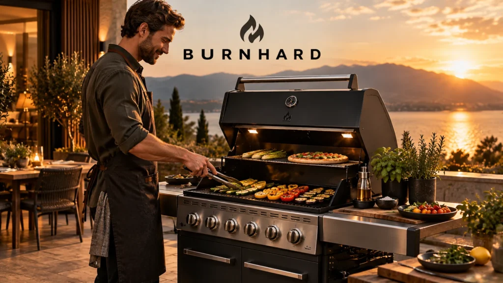 BURNHARD Gasgrill beim Outdoor-Grillen mit Gemüse auf moderner Terrasse