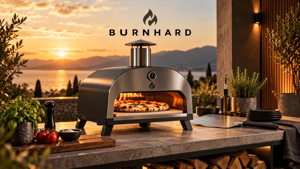 BURNHARD Pizzaofen mit Pizza und Zubehör in moderner Outdoor-Küche