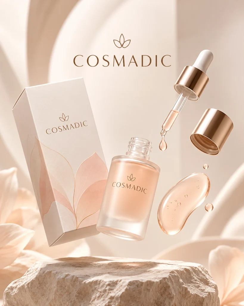 cosmadic serum mit flasche tropfer verpackung und serumtextur in explodierter produktansicht