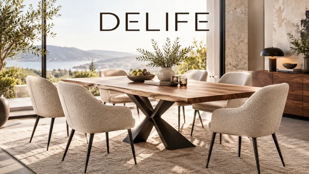 DELIFE Designmöbel mit Massivholz-Esstisch und gepolsterten Stühlen in einem modernen Esszimmer