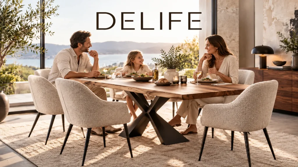 Familie am Massivholz-Esstisch mit beigen Polsterstühlen in einem hellen Wohnbereich mit DELIFE Schriftzug