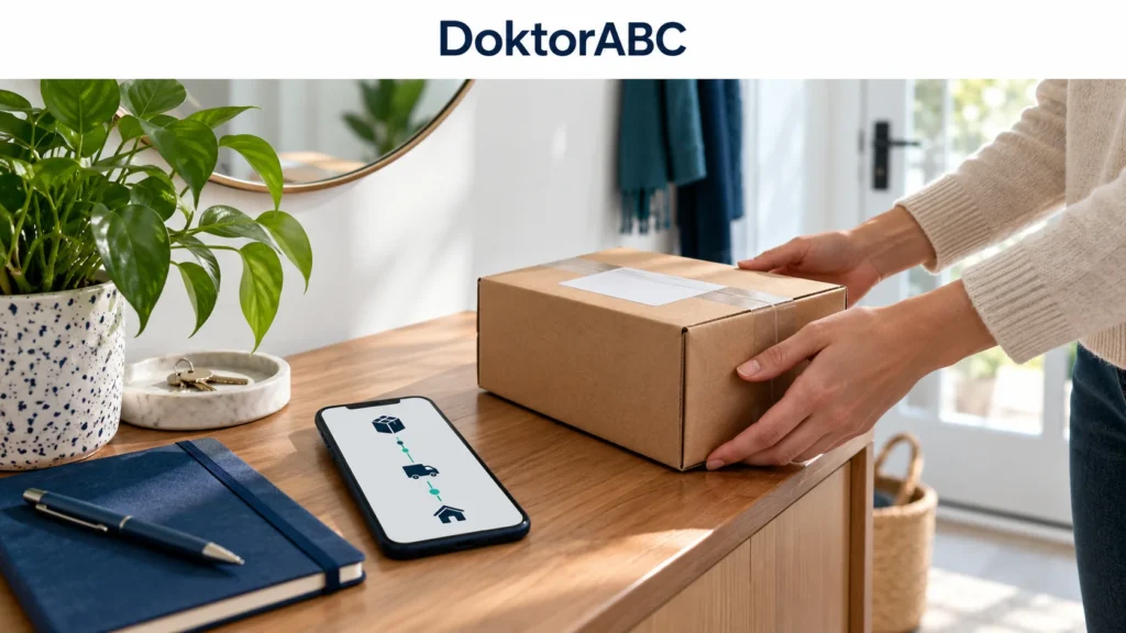 neutrales versandpaket neben smartphone mit digitaler sendungsverfolgung