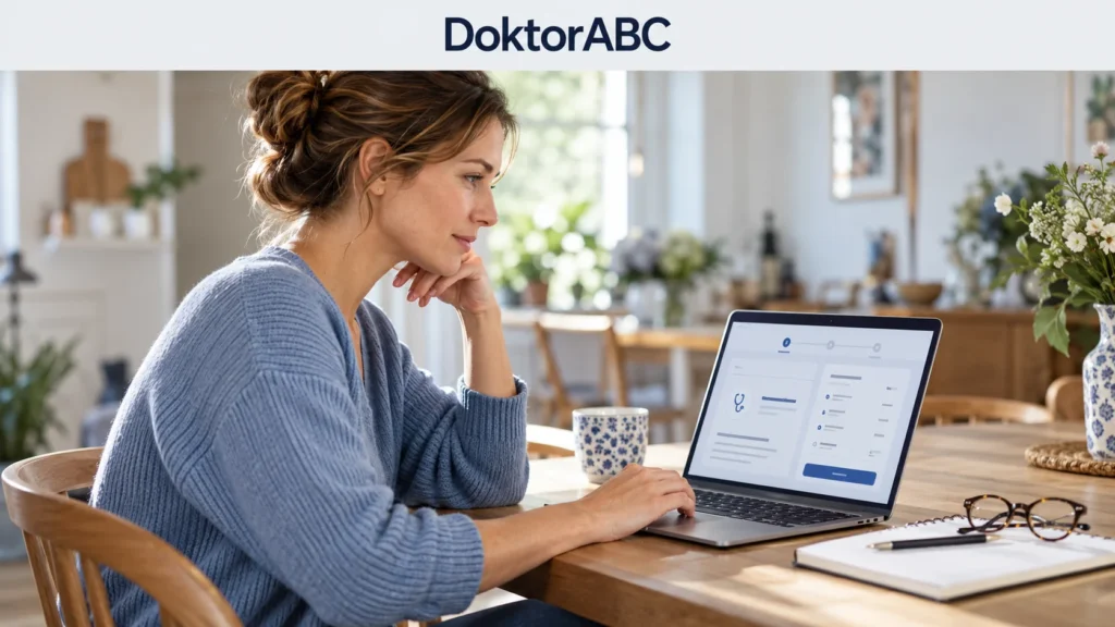 frau prüft am laptop den doktorabc-buchungsablauf und mögliche servicegebühren