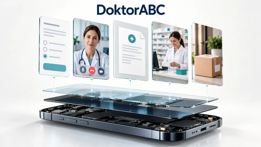explosionsansicht eines smartphones mit fragebogen, arztkontakt, rezept, apotheke und lieferung