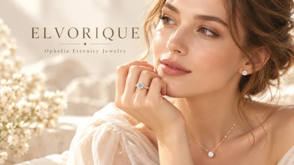 woman wearing elvorique lab-grown diamond ring necklace and earrings