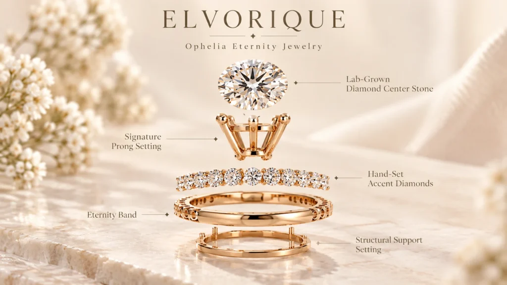 exploded view of elvorique lab-grown diamond ring and setting components