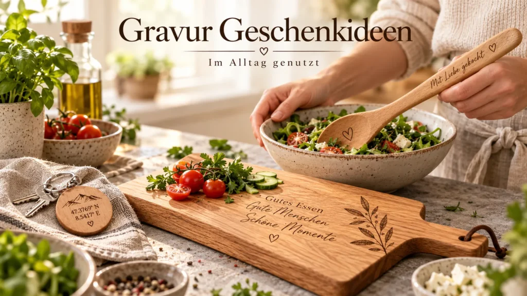 Gravierter Holzkochlöffel beim Zubereiten eines Salats mit personalisiertem Holzschneidebrett