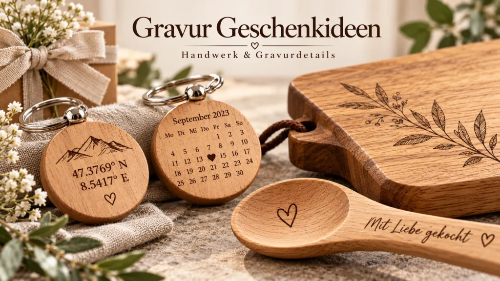 Detailaufnahme personalisierter Holz-Schlüsselanhänger mit Koordinaten- und Kalendergravur