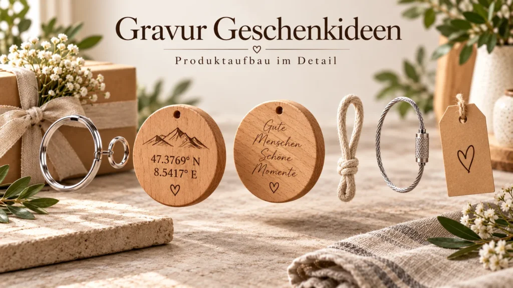 Explosionsansicht eines gravierten Holz-Schlüsselanhängers mit Schlüsselring, Kordel und Drahtseil