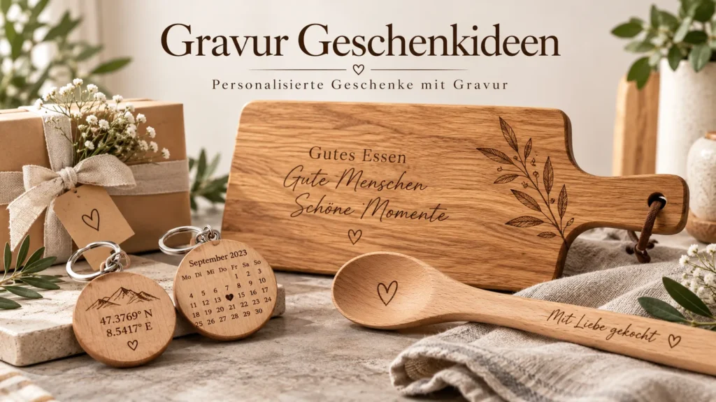 Gravur Geschenkideen mit personalisierten Holz-Schlüsselanhängern, Schneidebrett und graviertem Kochlöffel