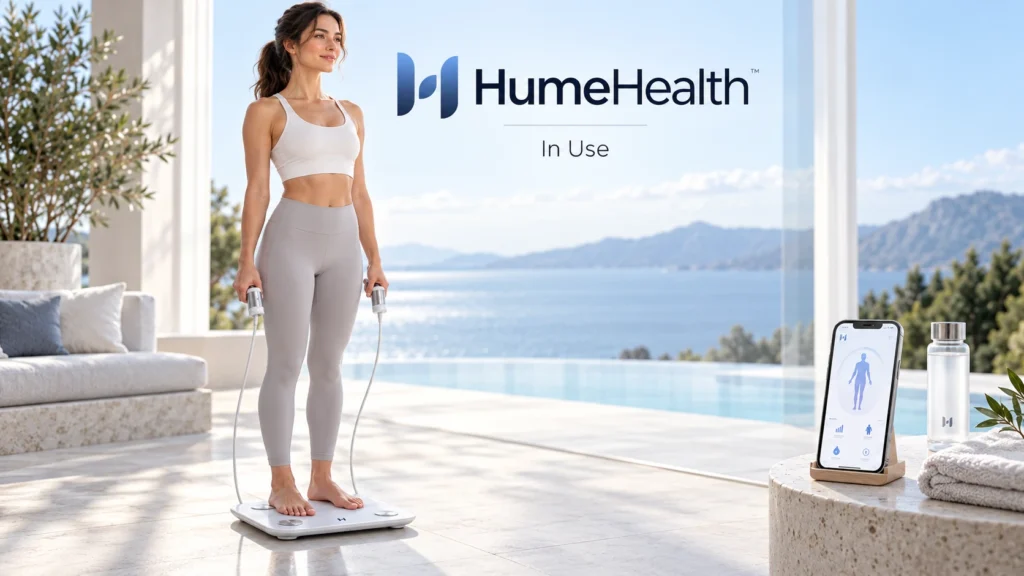 Frau nutzt HumeHealth Body Check zur Messung der Körperzusammensetzung