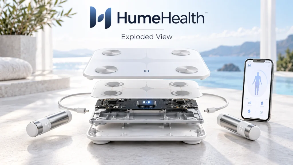 HumeHealth Body Check in Explosionsansicht mit Sensoren und Komponenten