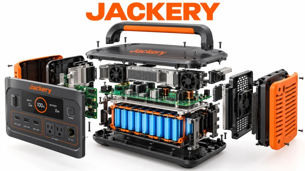 Schematische Explosionsansicht einer Jackery Powerstation mit Akku, Elektronik und Gehäuseteilen.