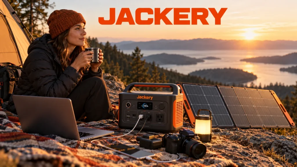 Jackery Powerstation und Solarpanel beim Camping am See mit Laptop und Leuchte im Einsatz.