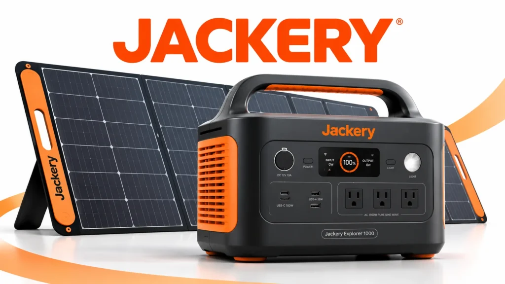 Jackery Powerstation mit faltbarem Solarpanel als tragbares Solarstrom-Set vor hellem Hintergrund.